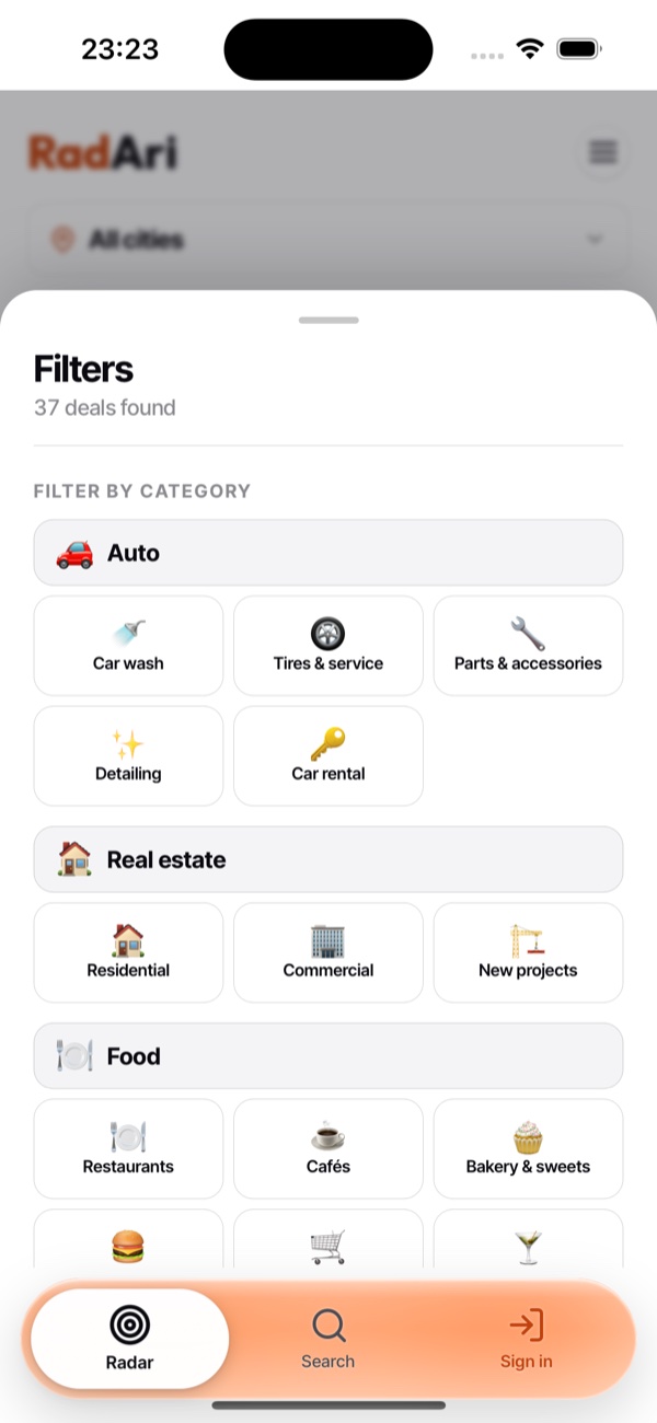 Radari — category filter