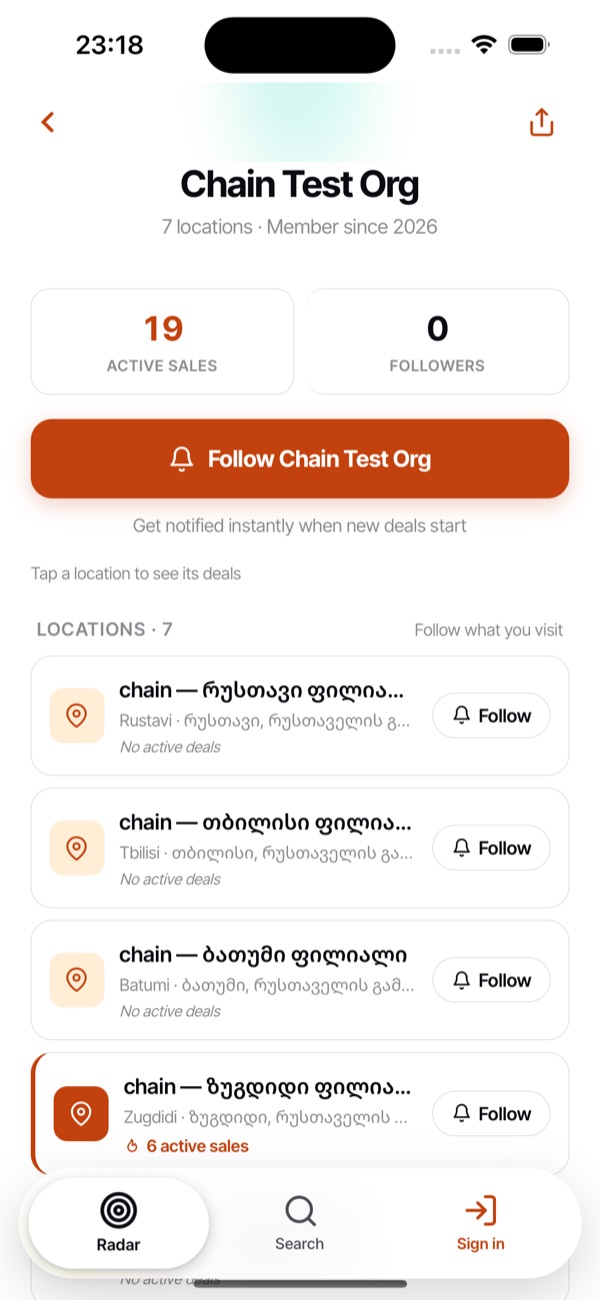 Radari — follow & notifications